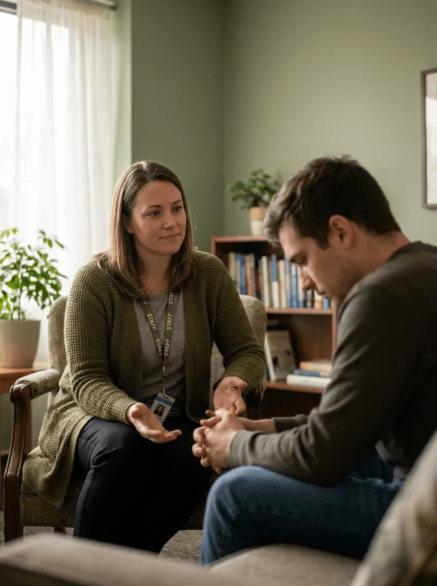 Behavioral health counselor calmly de-escalating a conversation with a distressed client