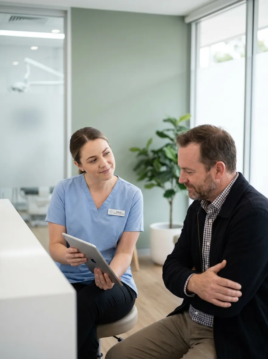 Dental front office coordinator calmly walking a patient through a treatment plan at the front desk