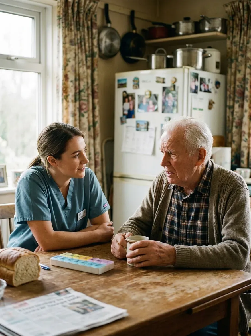 Home care aide building trust with an elderly client at her kitchen table during a first visit