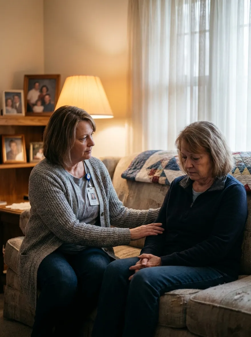 Hospice nurse comforting a grieving family member during a home visit