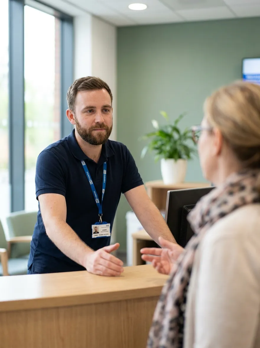 Front desk representative calmly helping a frustrated patient at a hospital reception