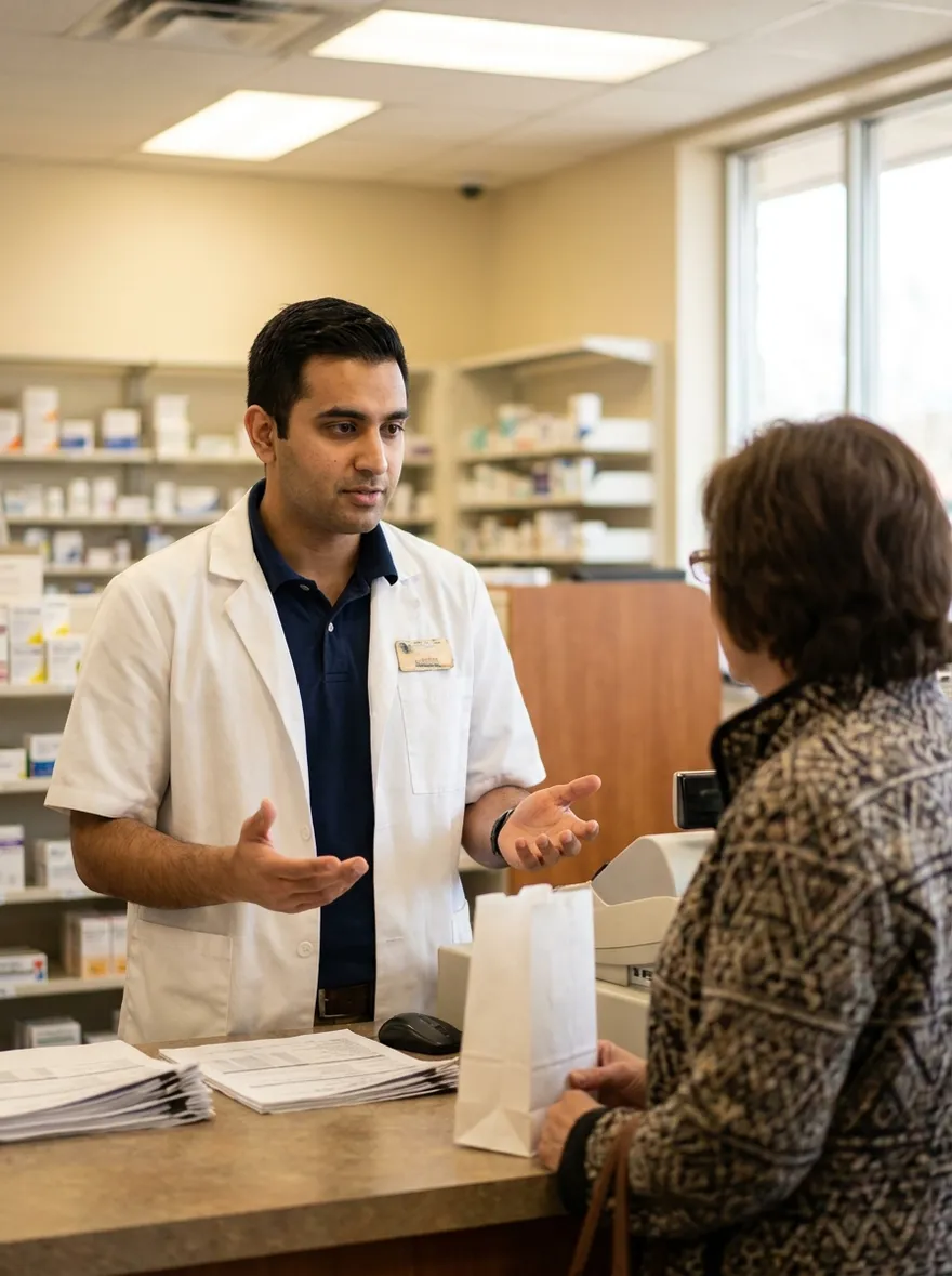Pharmacy technician calmly explaining an insurance issue to a customer at the counter