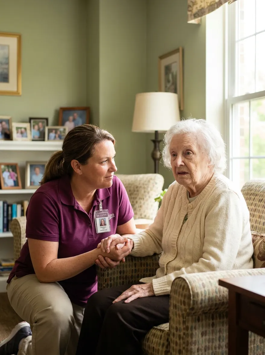 Caregiver sharing a calm moment with an elderly resident in a senior living community