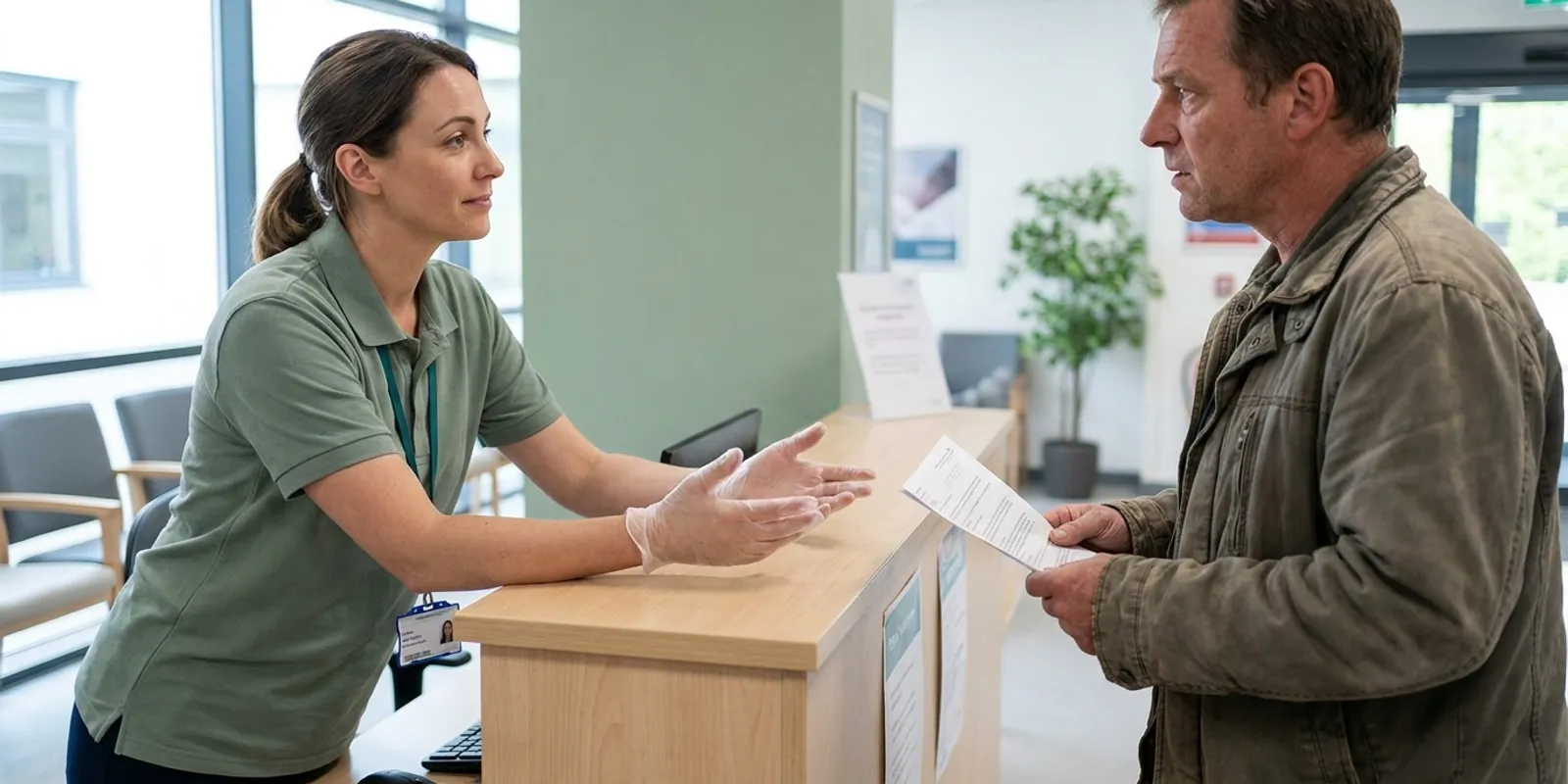 A patient access representative calmly de-escalating a billing conversation with a patient at a hospital front desk