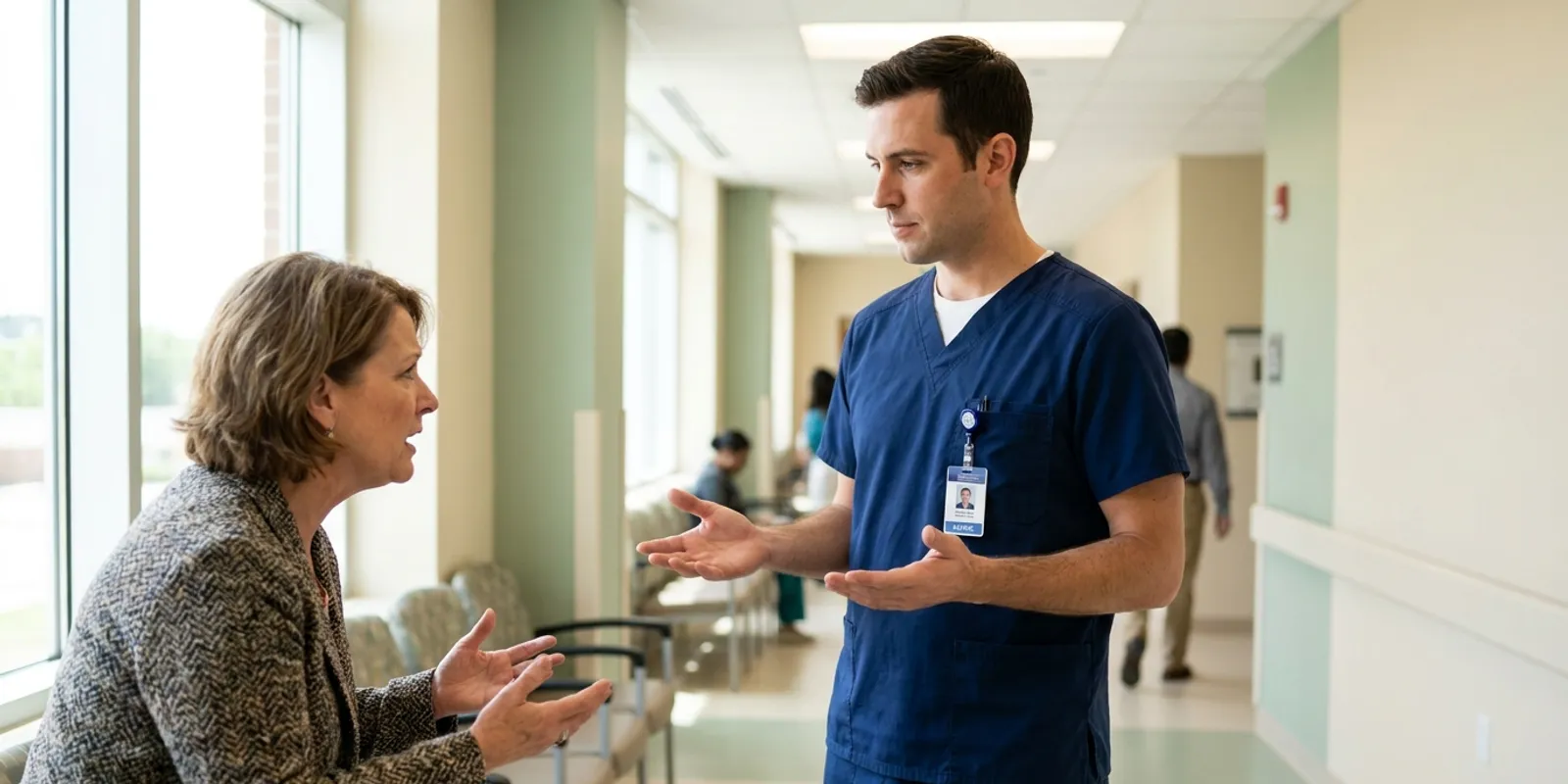 A nurse calmly de-escalating a tense conversation with an agitated visitor in a hospital corridor
