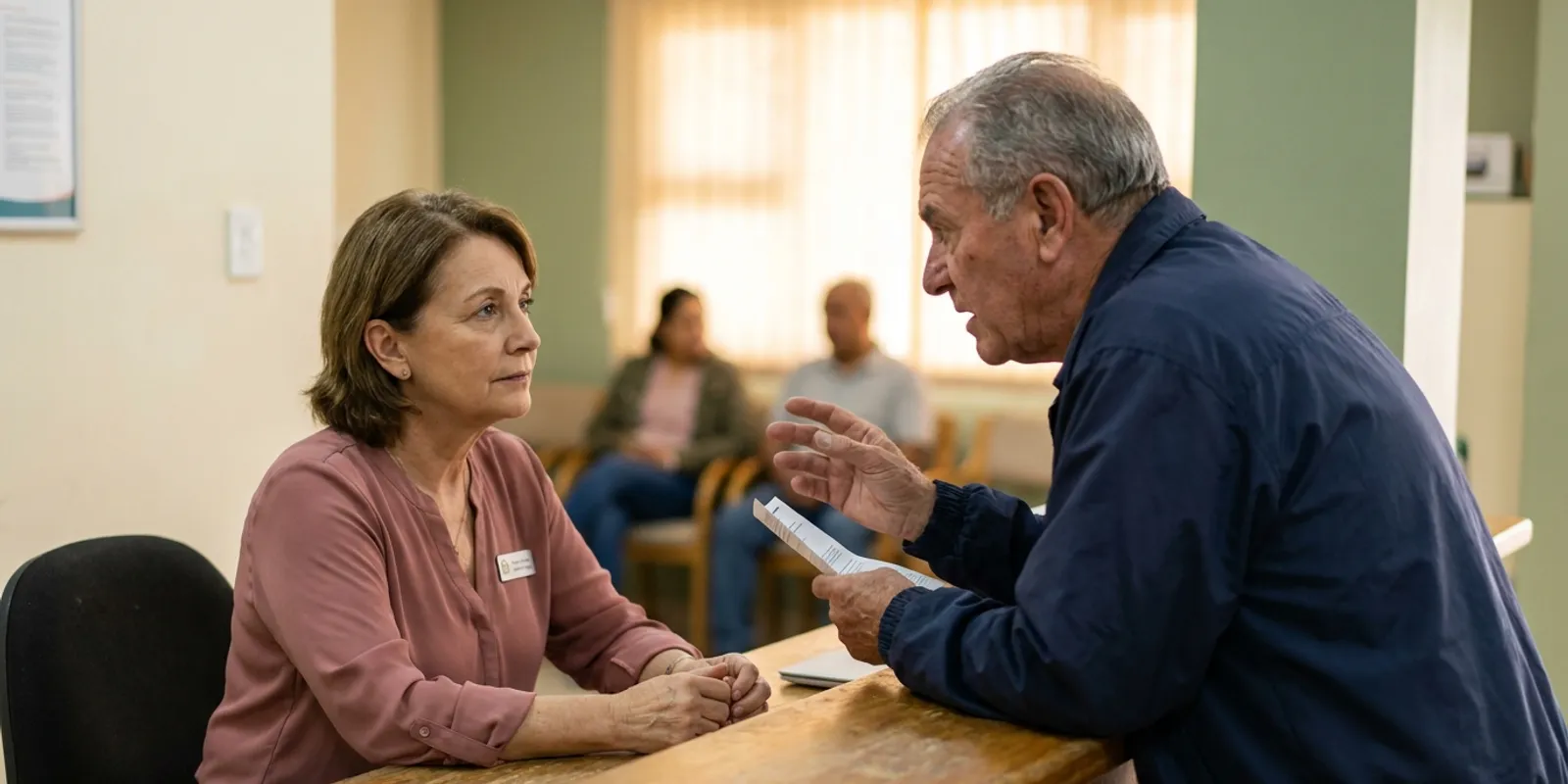 A clinic receptionist calmly listening to an angry patient leaning over the front desk