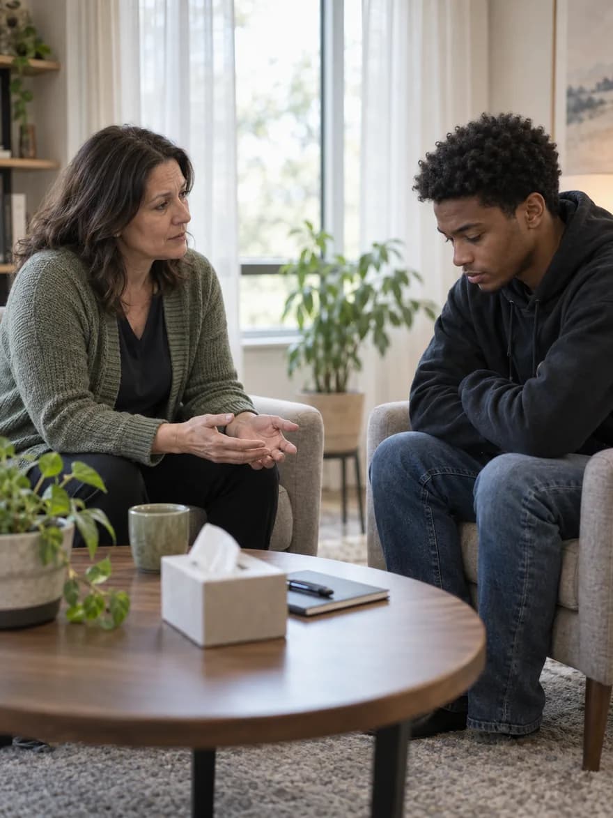 Behavioral health counselor listening to a guarded young client in a counseling room