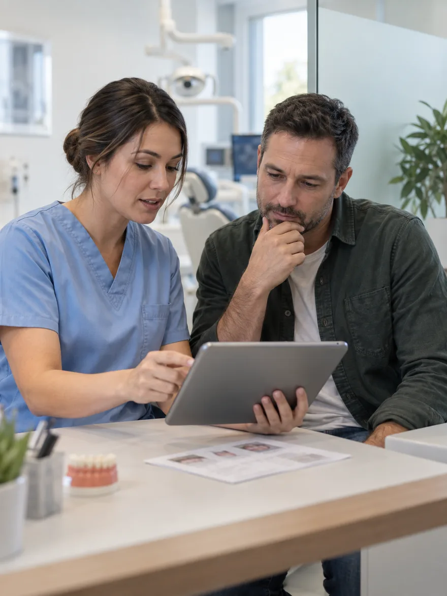 Dental treatment coordinator walking a patient through a treatment plan at a consultation desk