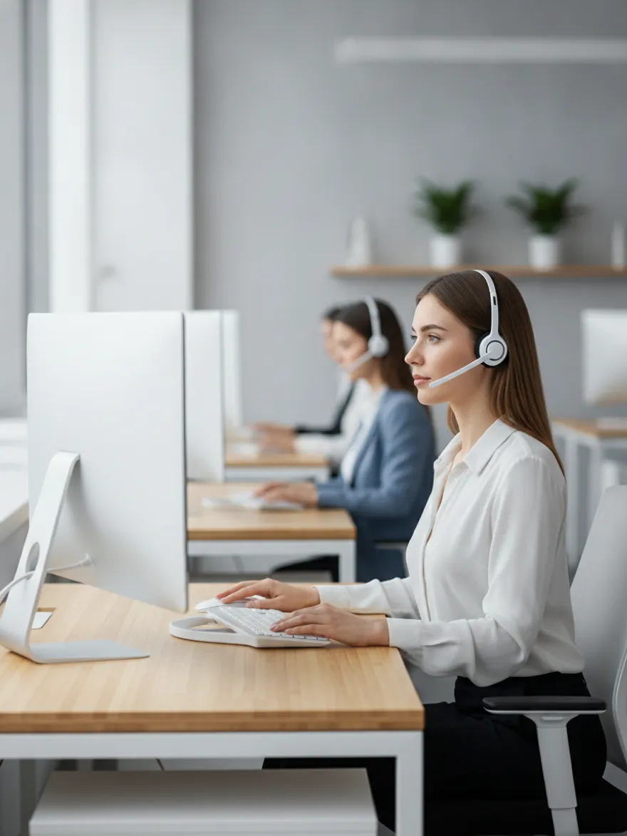Healthcare call center agent with a headset calmly resolving a difficult call