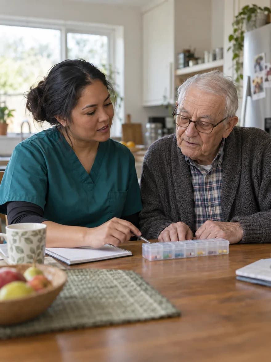 Home care aide going over a weekly pill box with an older client at his kitchen table