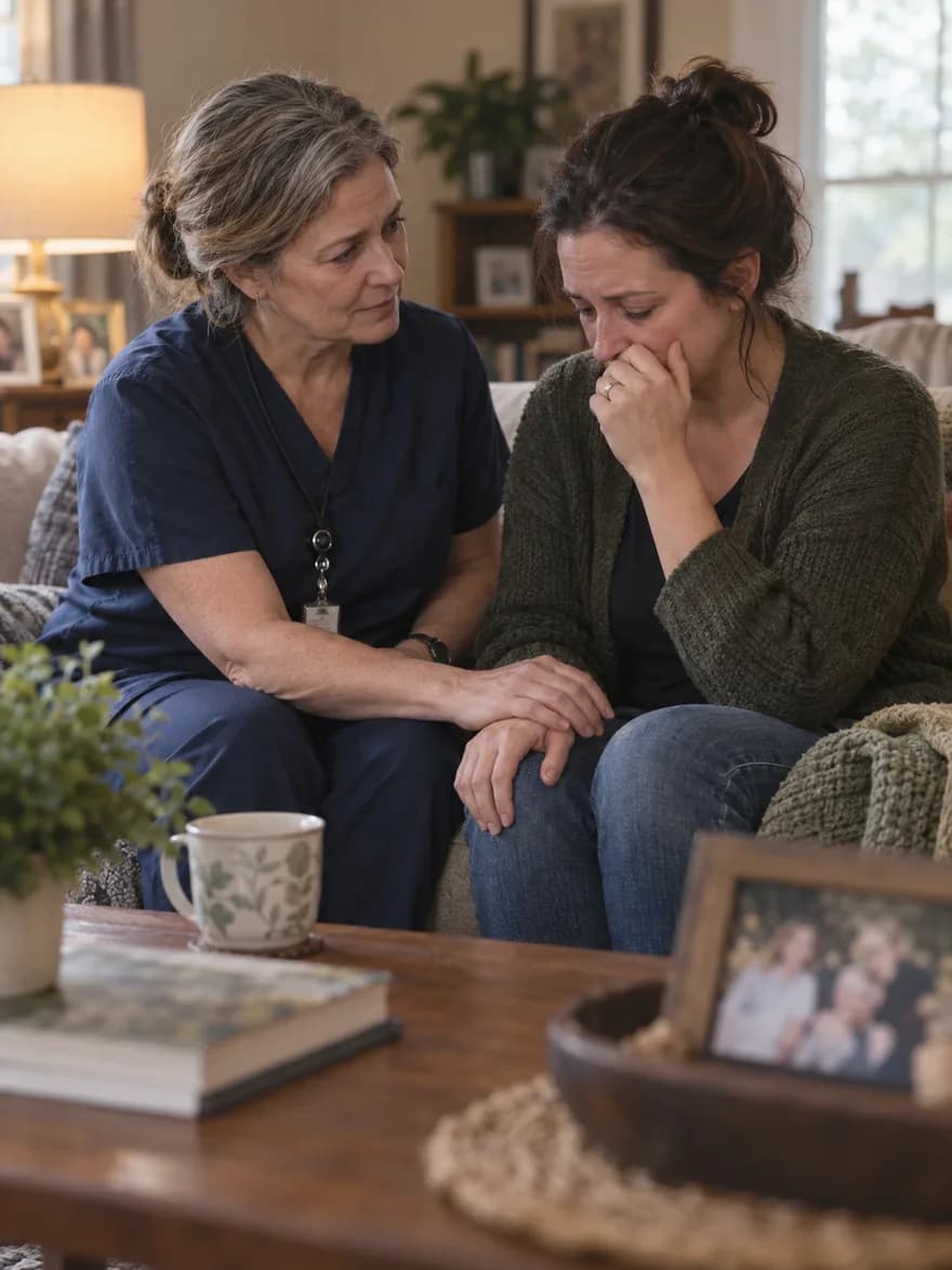 Hospice nurse sitting with a grieving daughter in a family living room