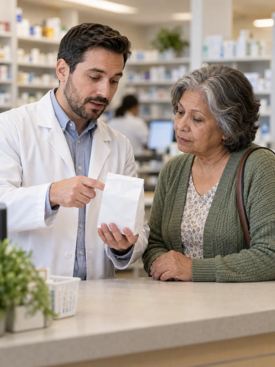 Pharmacist explaining a medication to an older customer at the pharmacy counter
