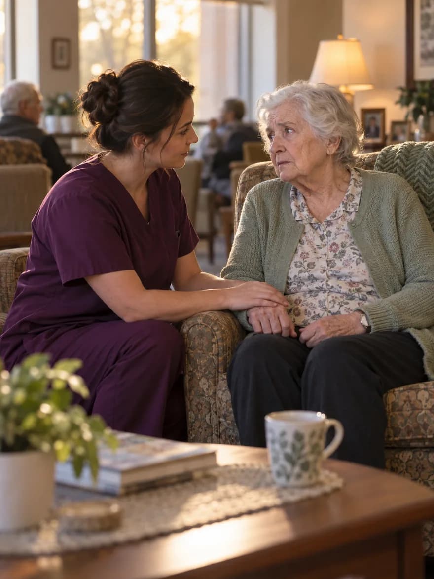 Senior living caregiver holding a resident's hand and speaking gently in a common room